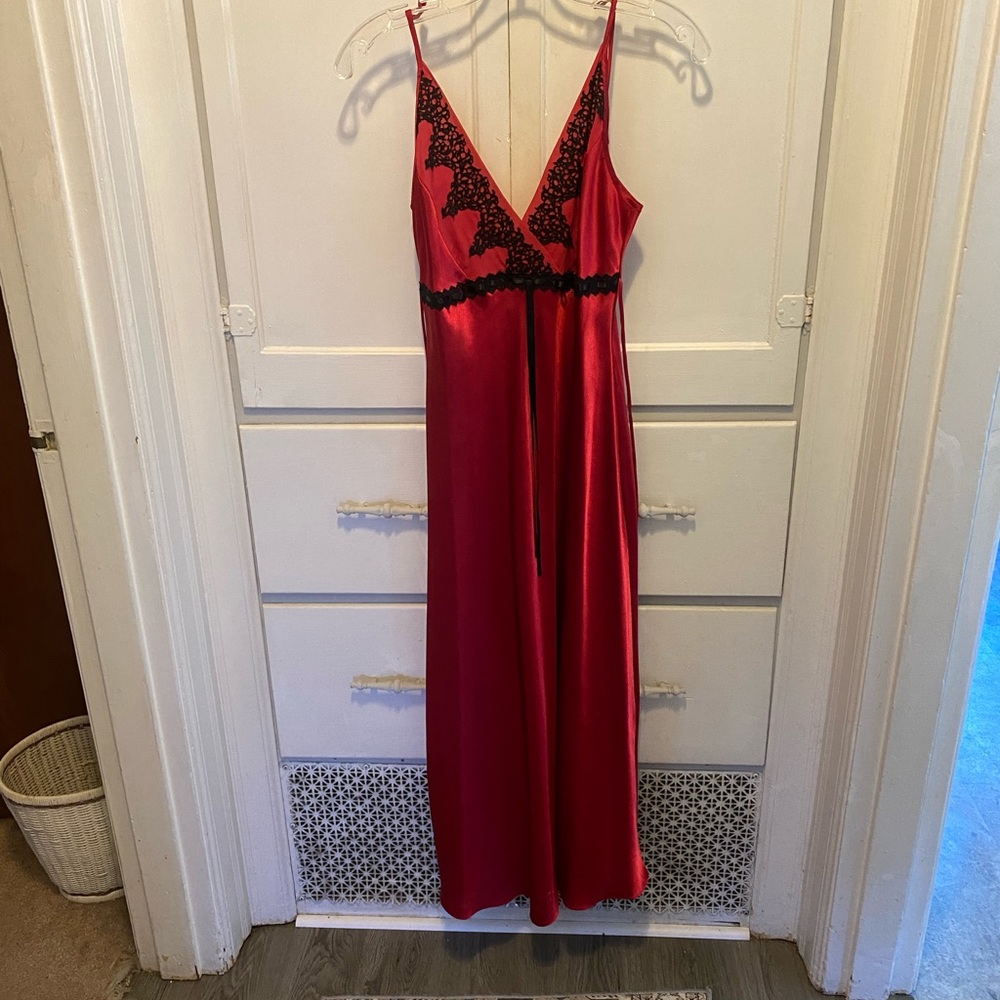 Delicates Red Satin Chemise with Black Lace